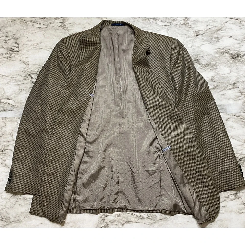 Joseph Abboud Mens Coat Jacket Size 44R Silk Wool Brown Beige Check‎ USA Made